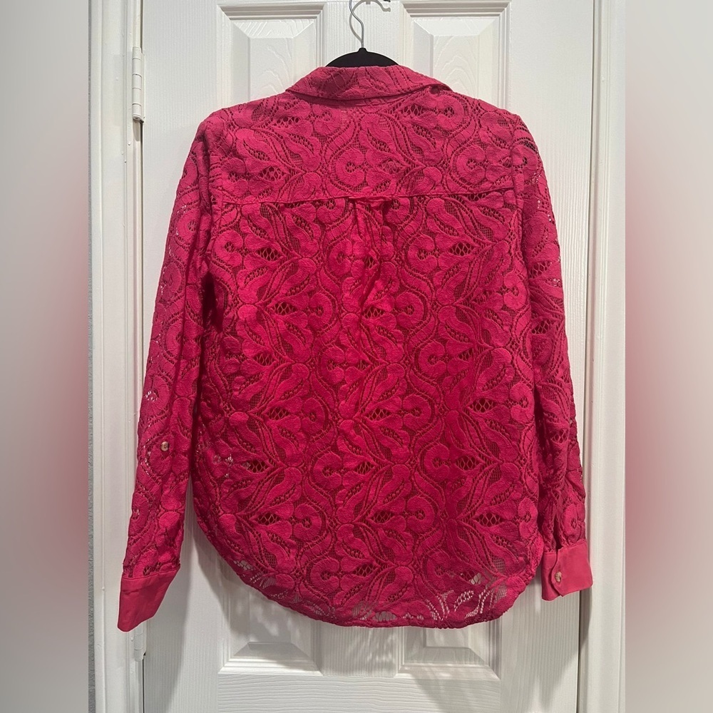 Anthropologie Fuchsia Lace Button-Down Shirt - Picture 4 of 7